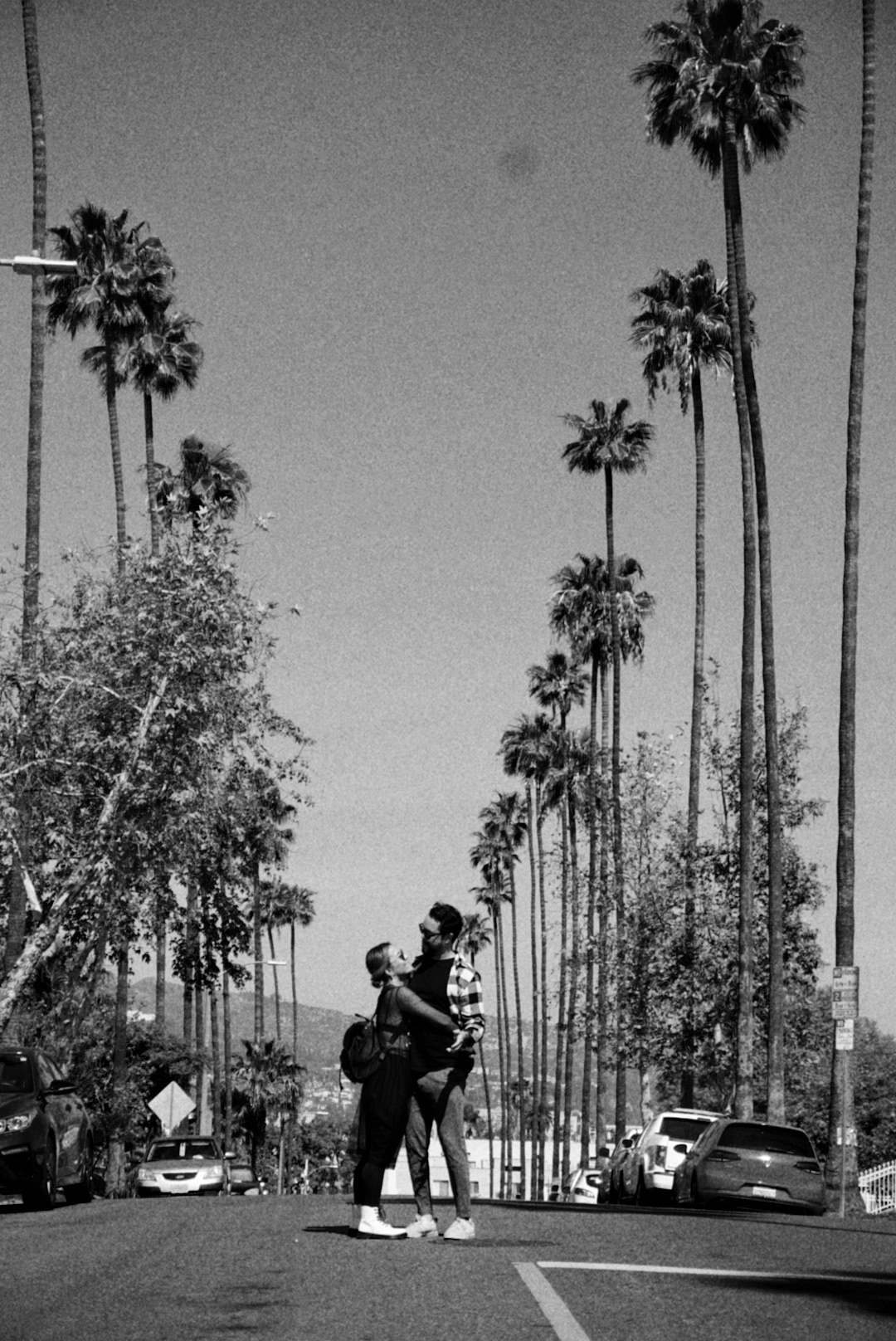 Black and white portrait of Kim and Nick beneath palm trees