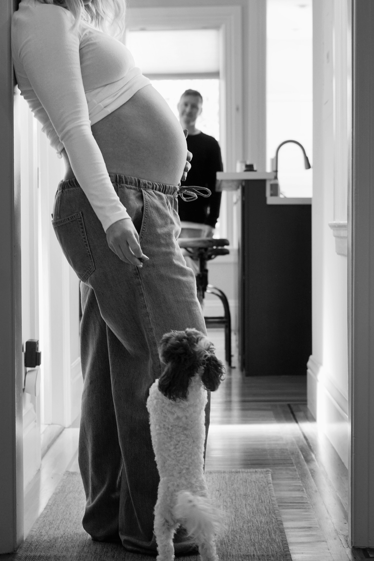 Black and white maternity portrait with the family dog at home