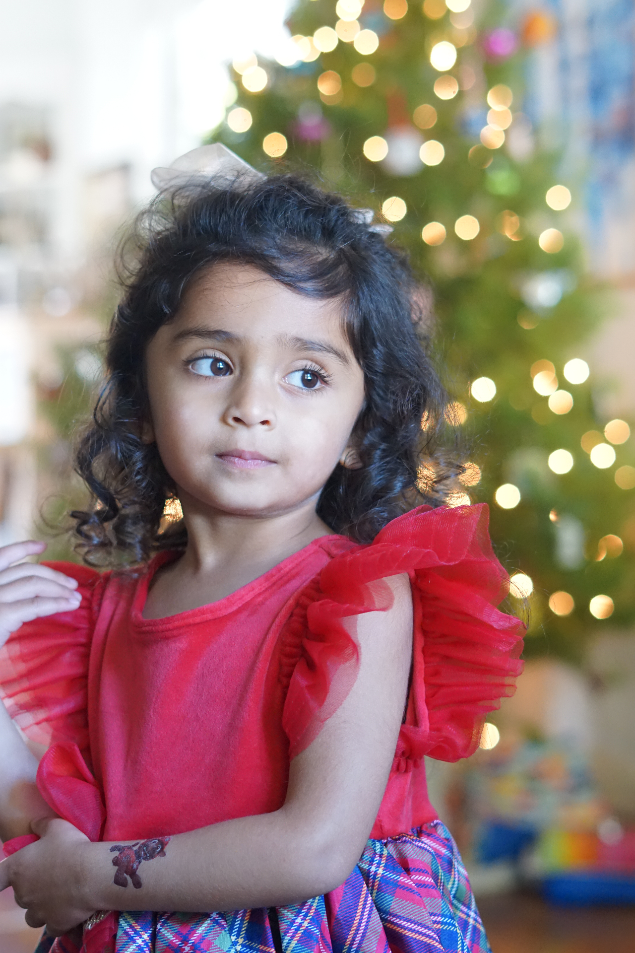 Portrait of the Ramachandran daughter in a red ruffled dress and plaid skirt with a glowing Christmas tree behind her